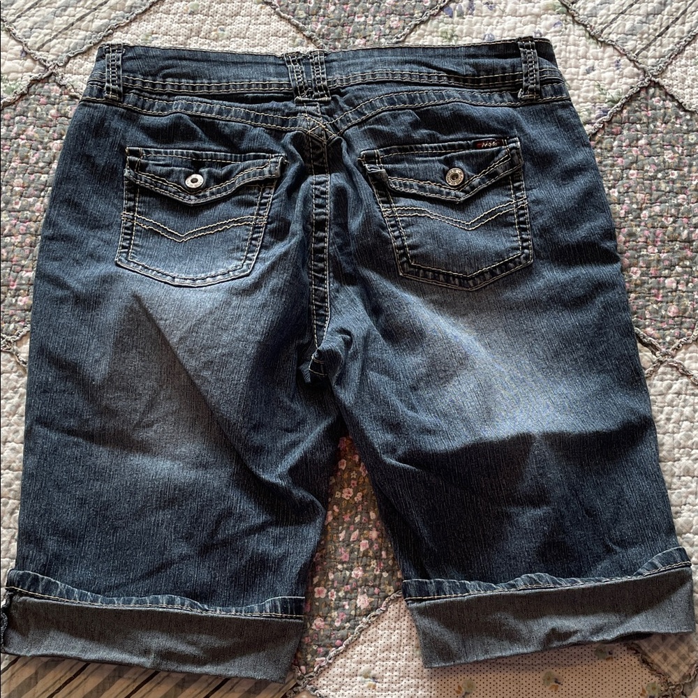 Angels Dark Blue Denim Shorts with Contrast stitching and fold-over hem, size 12 - Picture 6 of 10